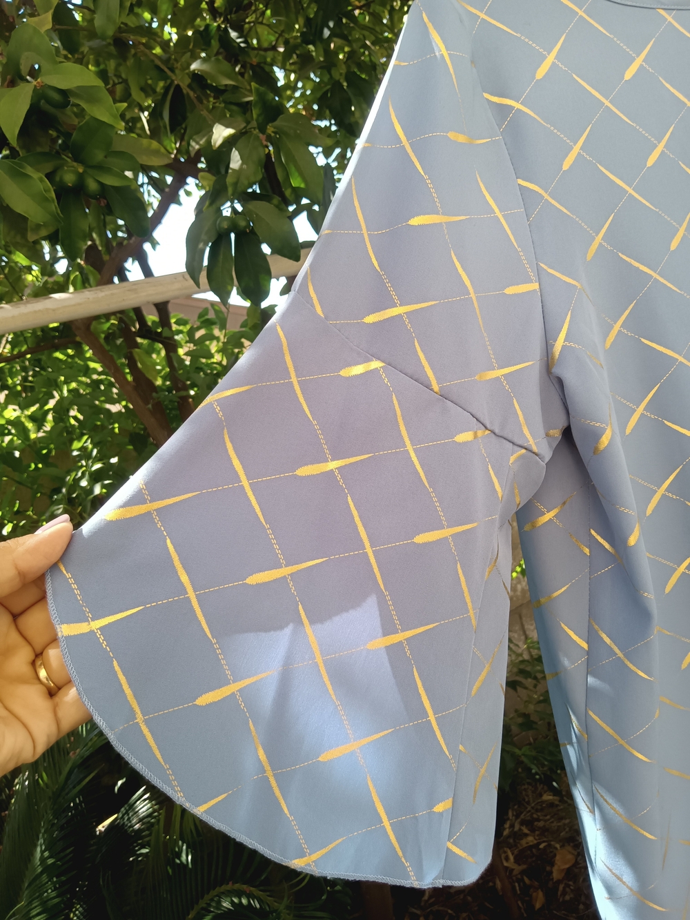 Blue & Gold Patterned Ruffle Sleeve Blouse - Picture 8 of 12